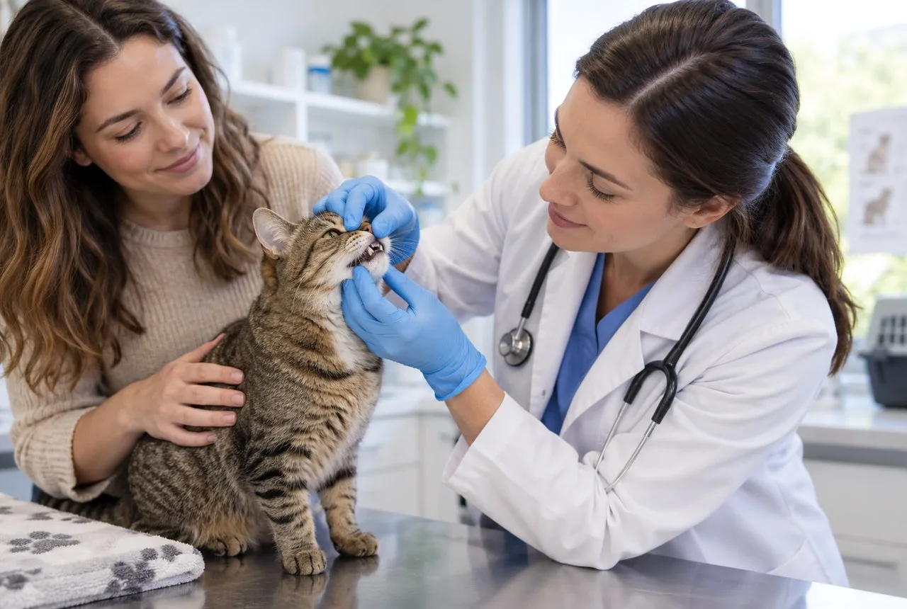 Veterinarian examining tabby cat’s mouth with owner supporting the cat