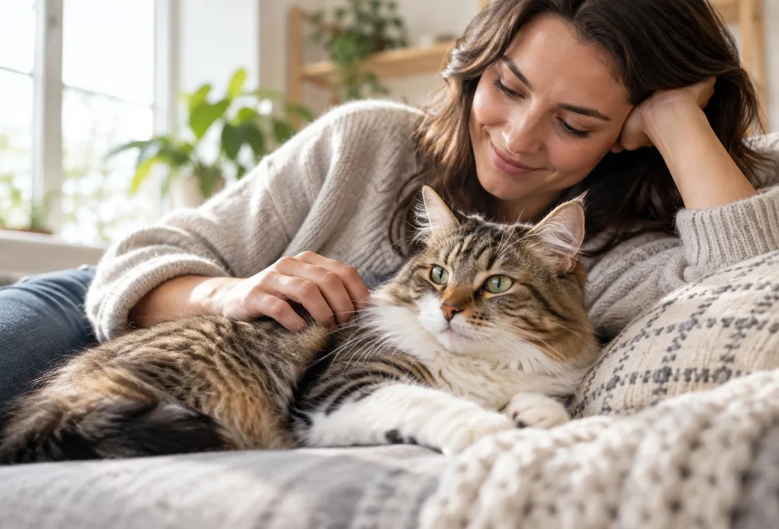 Woman reclining beside long-haired tabby cat on a blanket